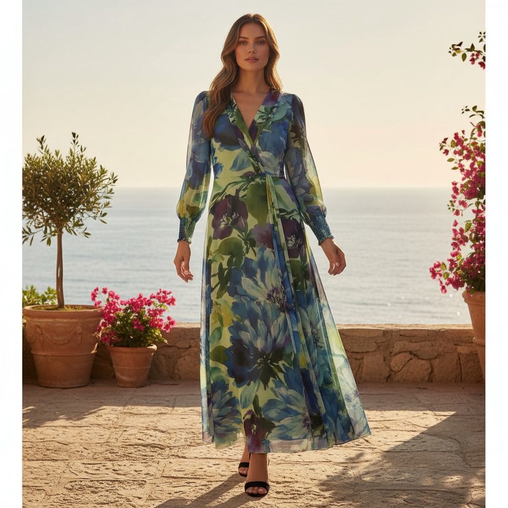 London Times Floral Elegant Empire Waist Surplice Maxi Dress Bishop Sleeve Women